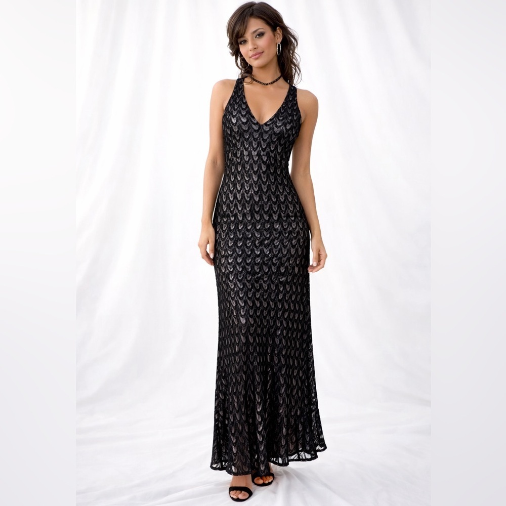 RIMINI by Shawn Y2K Vintage Noir Or Dentelle lace Maxi Cocktail dress black 8